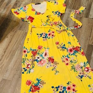 Long Yellow Floral Maxi Dress Tie Front Size XL